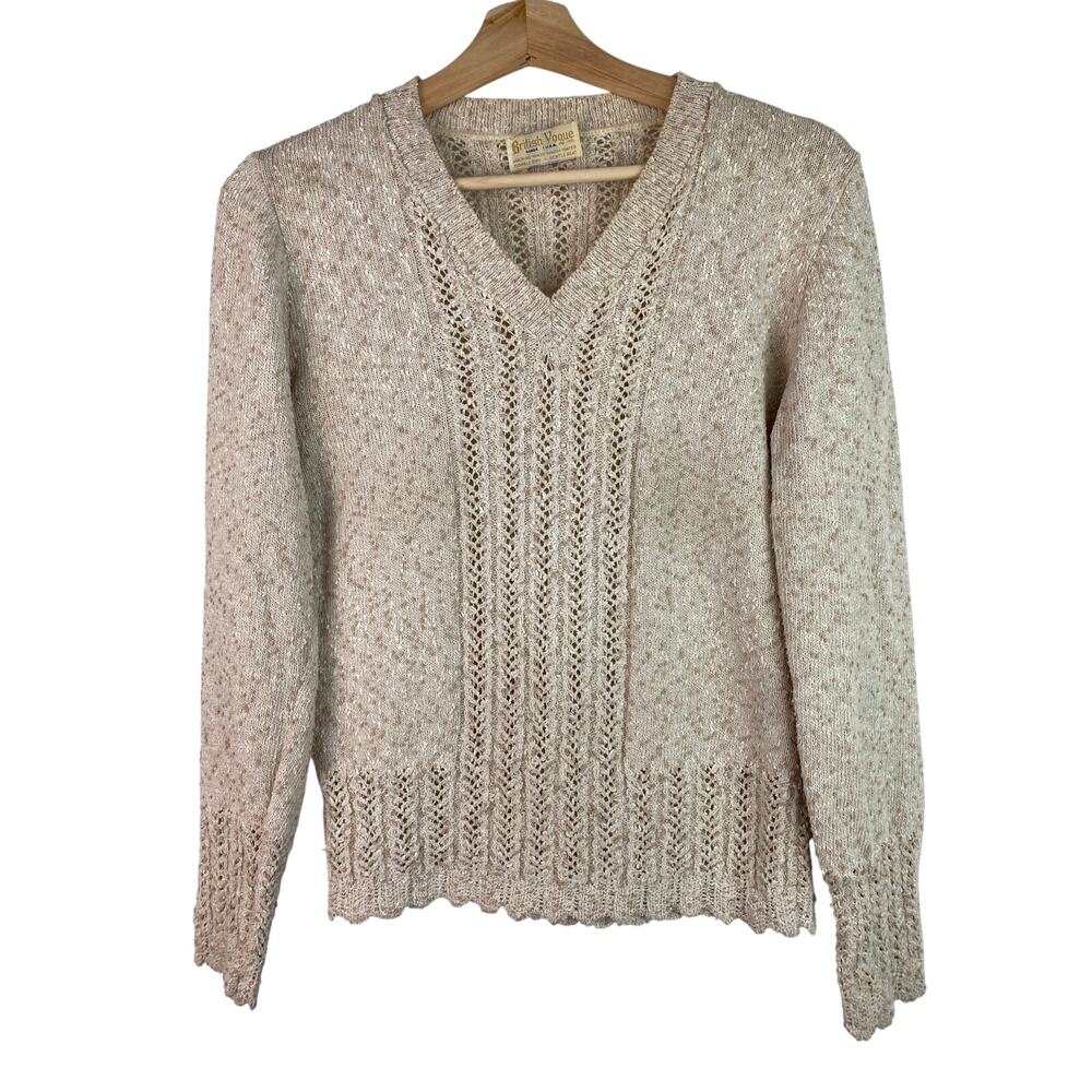 Vintage‎ British Vogue Women's M Oatmeal Textured V-Neck Scalloped Hem Sweater *